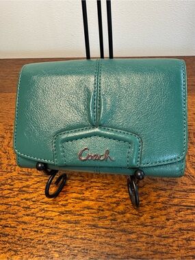Coach Ashley Teal Green Pleated Leather Compact Wallet